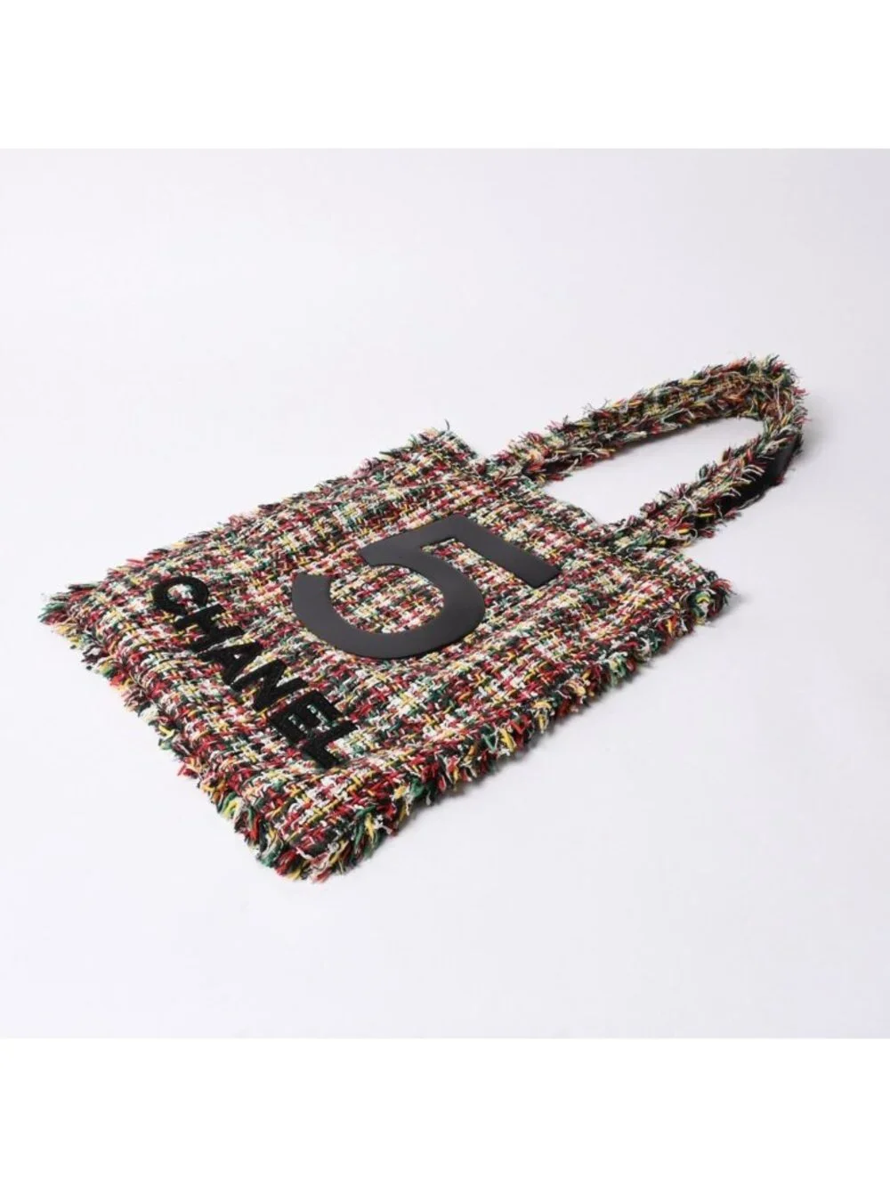 Chanel No 5 Tote Bag CC Logo Patch Tweed Leather Multicolor Silver